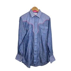Kenny Rogers Vintage Mens Western Blue Chambray Pink Button Up Shirt Size 16/34